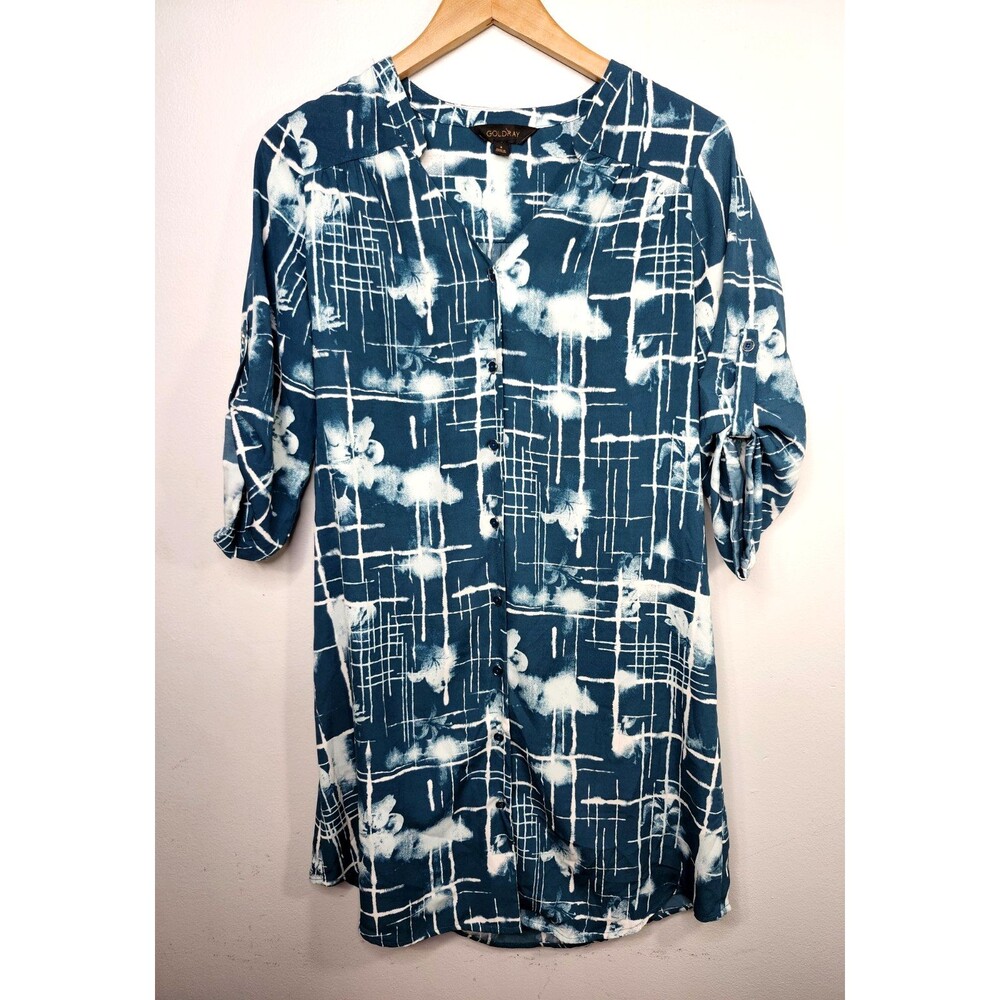 GOLDRAY Teal White Abstract Grid Print Button Front Shirt Dress Size S